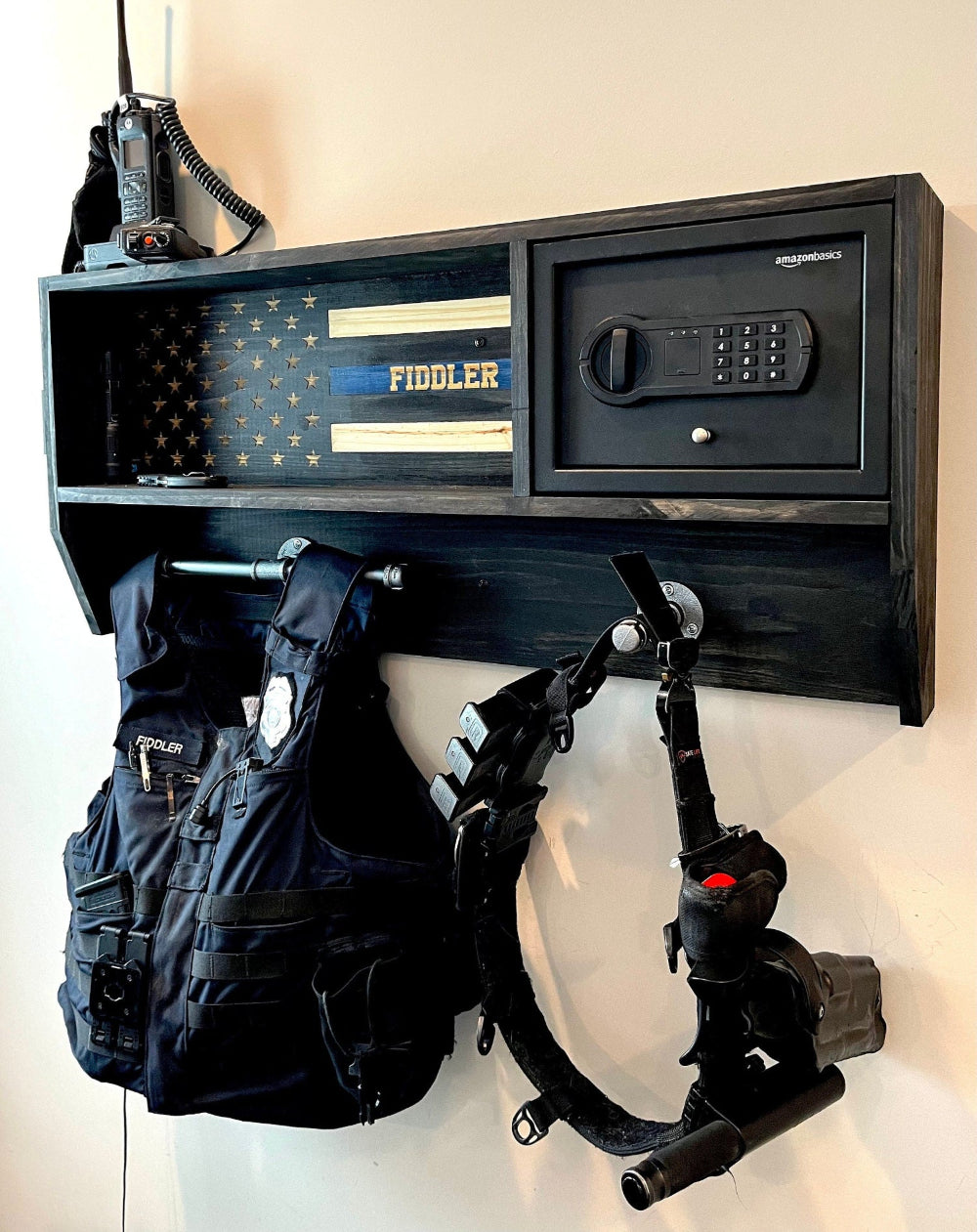 Police Duty Gear Rack with Lockbox Safe + FREE Metal Miranda Card—Custom