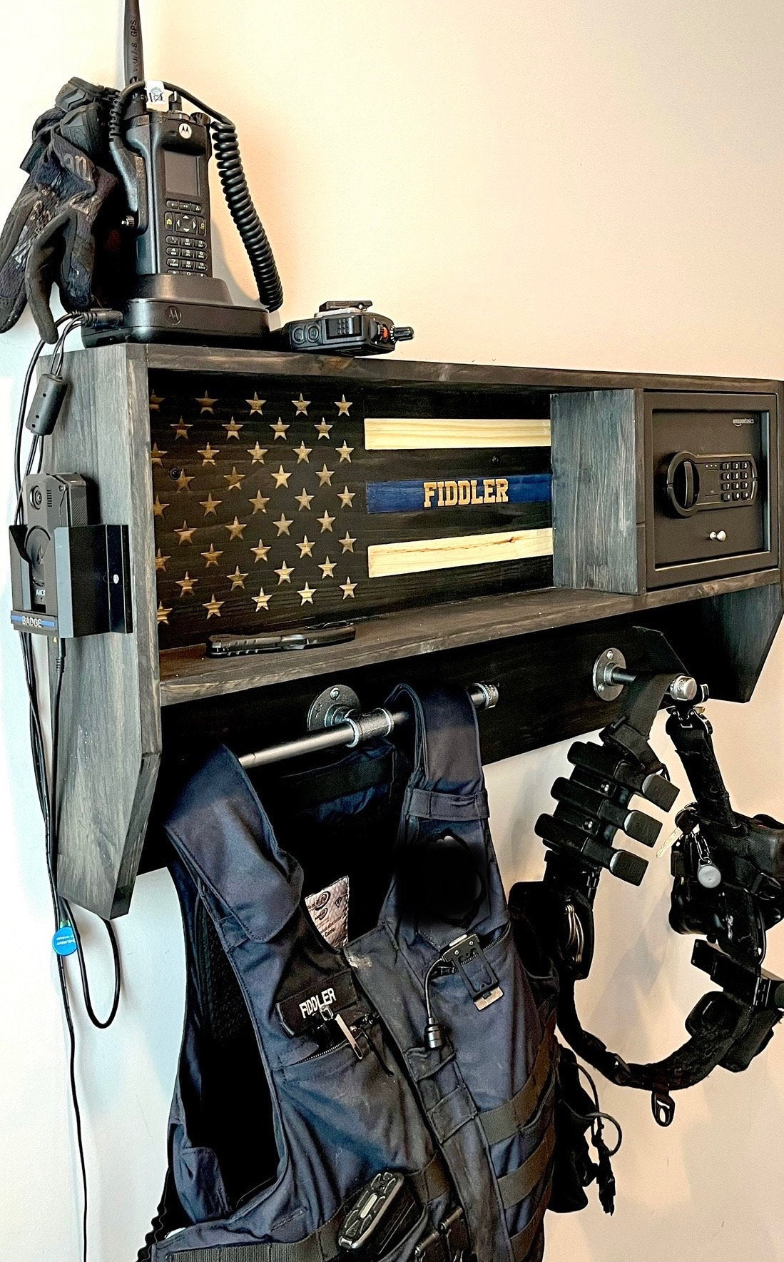 Police Duty Gear Rack with Lockbox Safe + FREE Metal Miranda Card—Custom