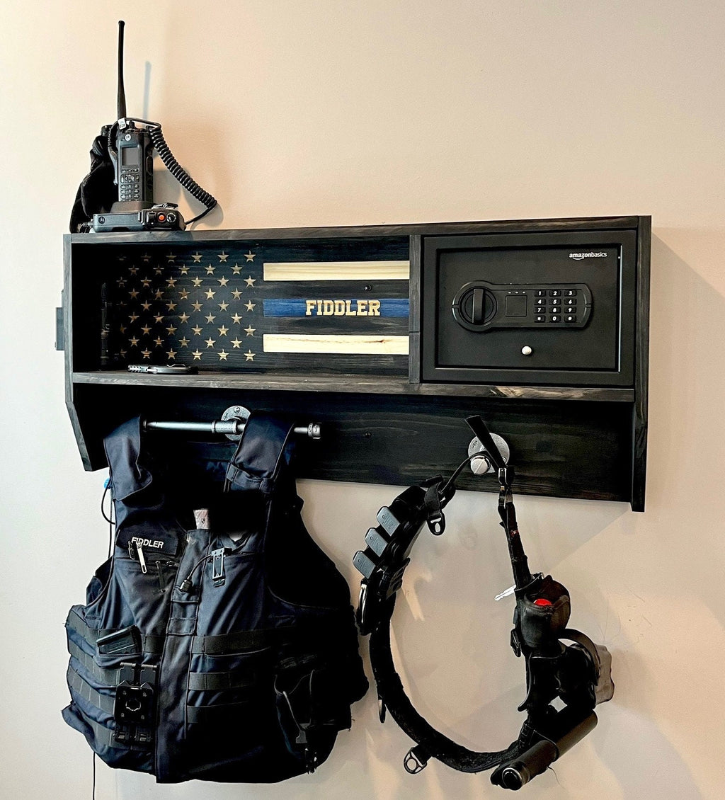 Police Duty Gear Rack with Lockbox Safe + FREE Metal Miranda Card—Custom