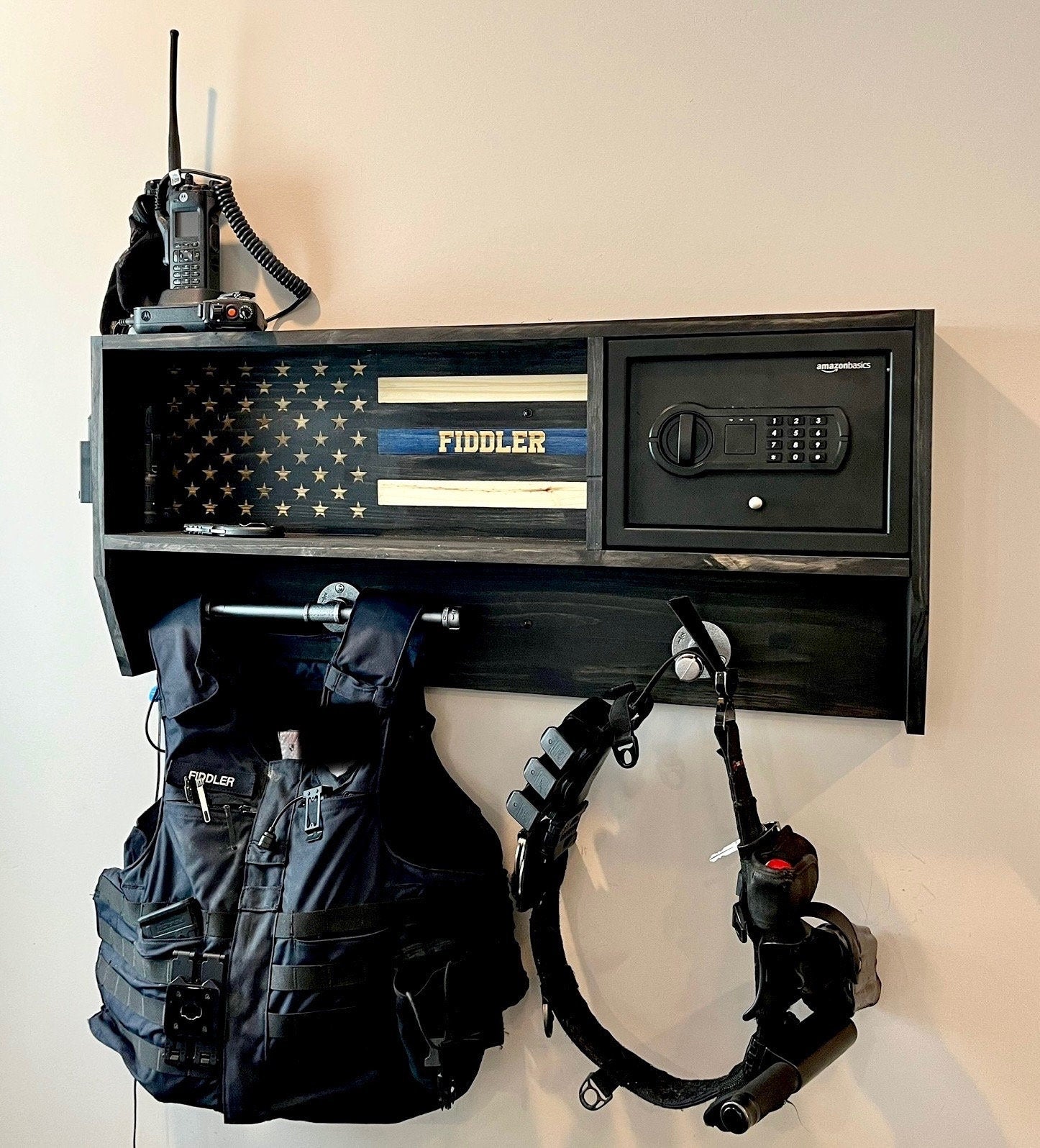 Police Duty Gear Rack with Lockbox Safe + FREE Metal Miranda Card—Custom